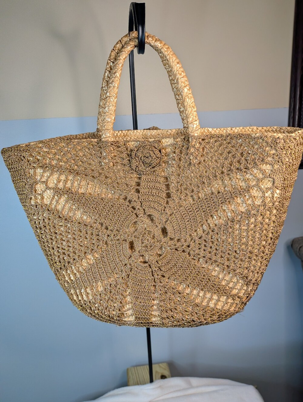 Coldwater Creek Woven Straw Tote Bag Metallic Gold Crochet Overlay Beach Travel